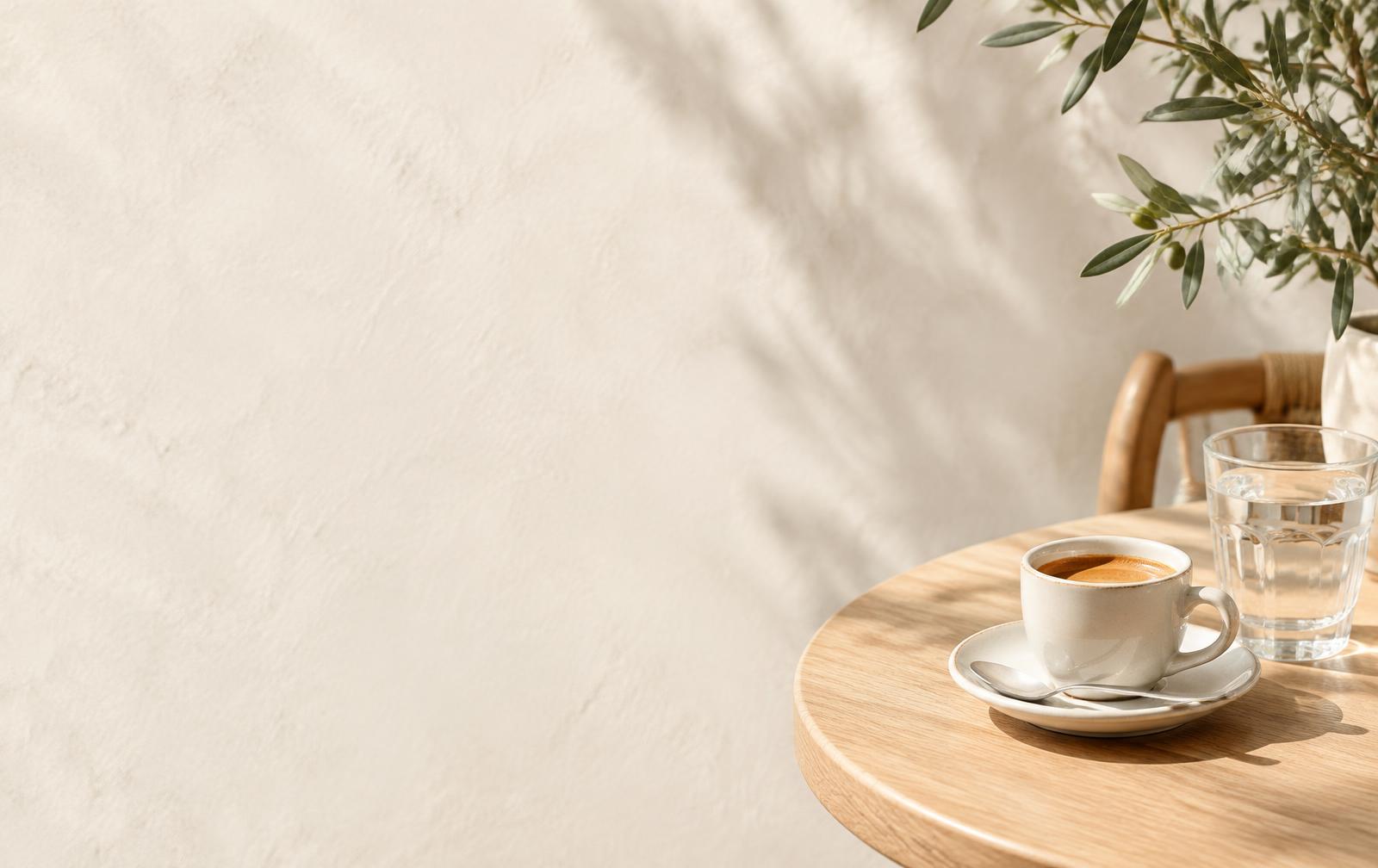 Šoljica kafe na osunčanom stolu u kafiću